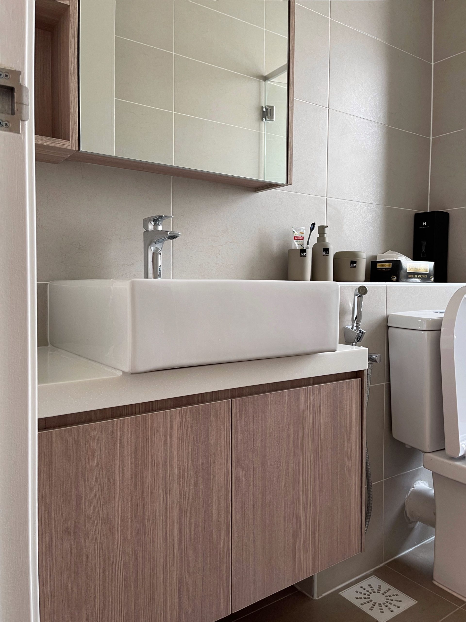 Mirror and undersink built-in cabinet.